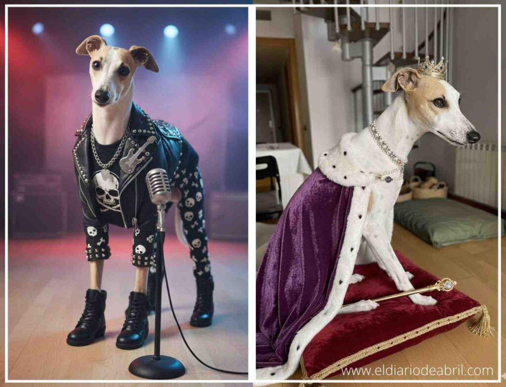 Whippet Abril con chaqueta de cuero y look Rockera, foto artística digital.