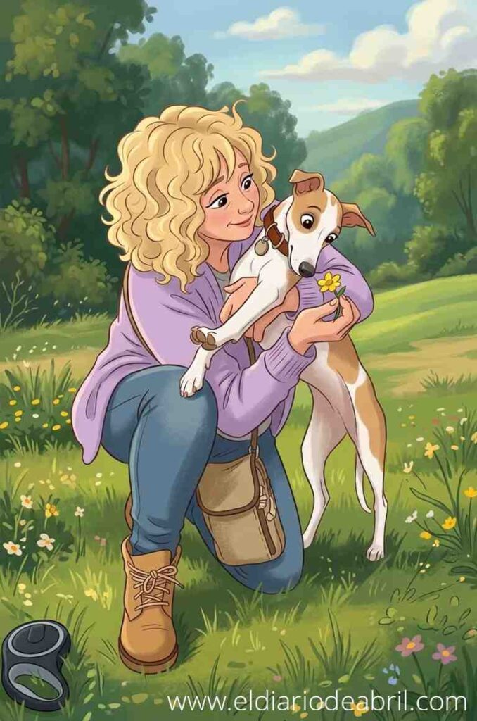 Ilustración de Irene, una joven de pelo rubio rizado, agachada en un campo verde mientras abraza cariñosamente a su perra whippet, Abril. Irene viste una sudadera lavanda y sostiene una pequeña flor amarilla frente a Abril, quien la observa con curiosidad. El fondo muestra un paisaje soleado con colinas, árboles y flores silvestres bajo un cielo azul despejado.