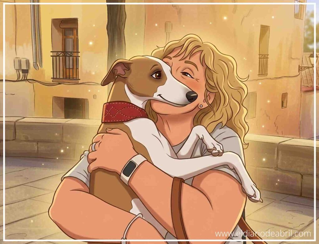 Abrazo cálido entre Irene y su Whippet Abril durante un atardecer en una zona urbana.