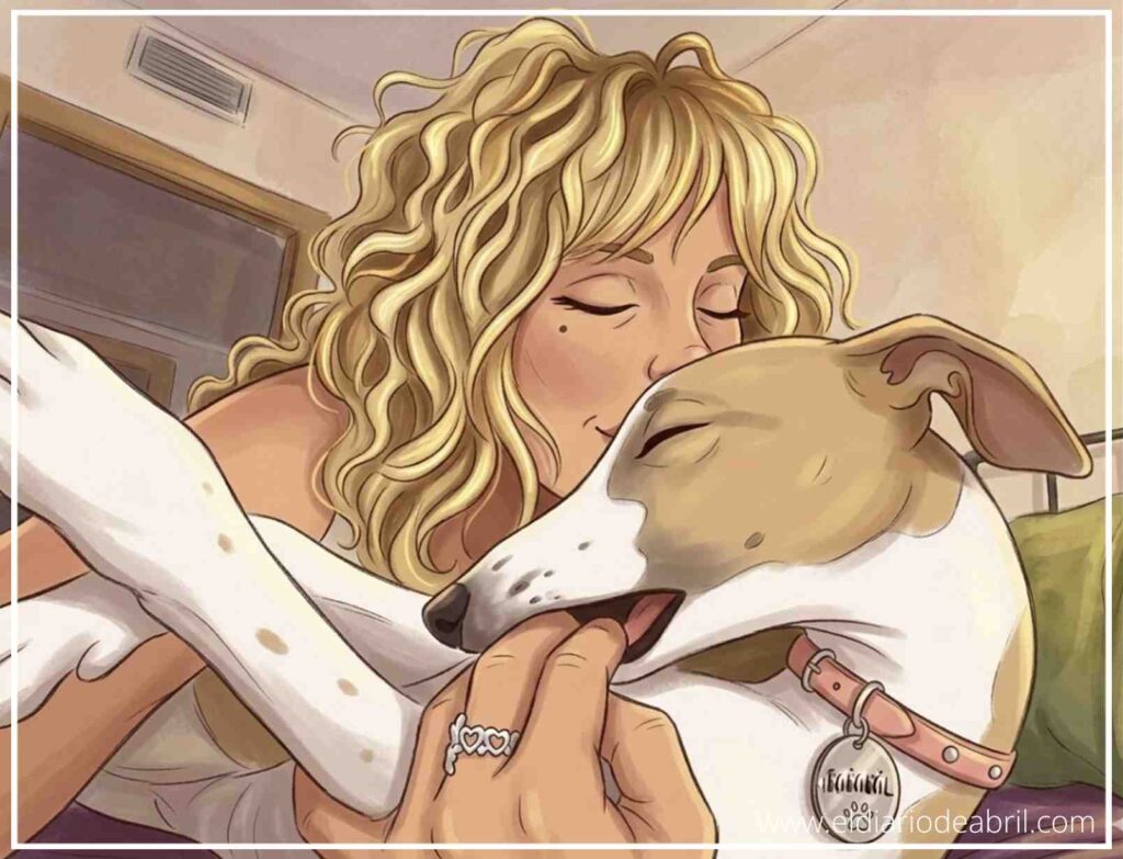 Irene compartiendo un momento de cariño y besos con su perro Whippet Abril en el dormitorio.