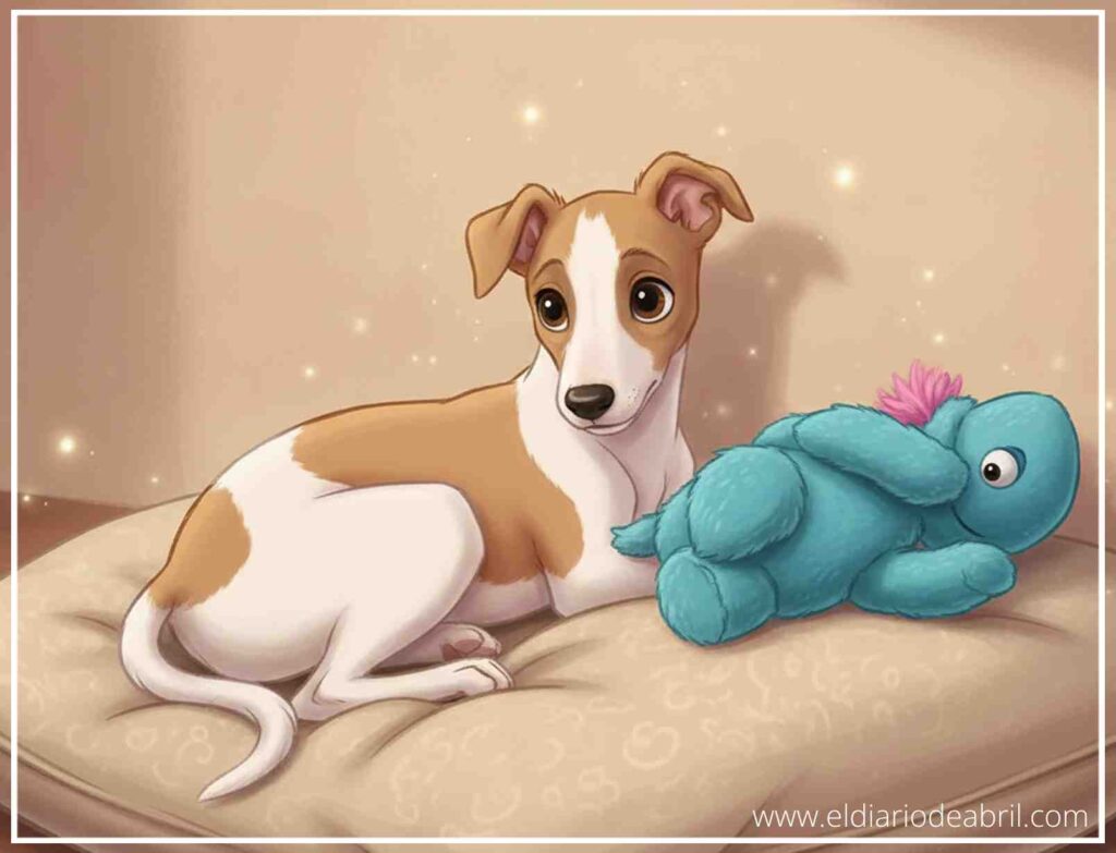 Cachorro de Whippet Abril tumbado tranquilamente junto a un peluche de elefante azul.