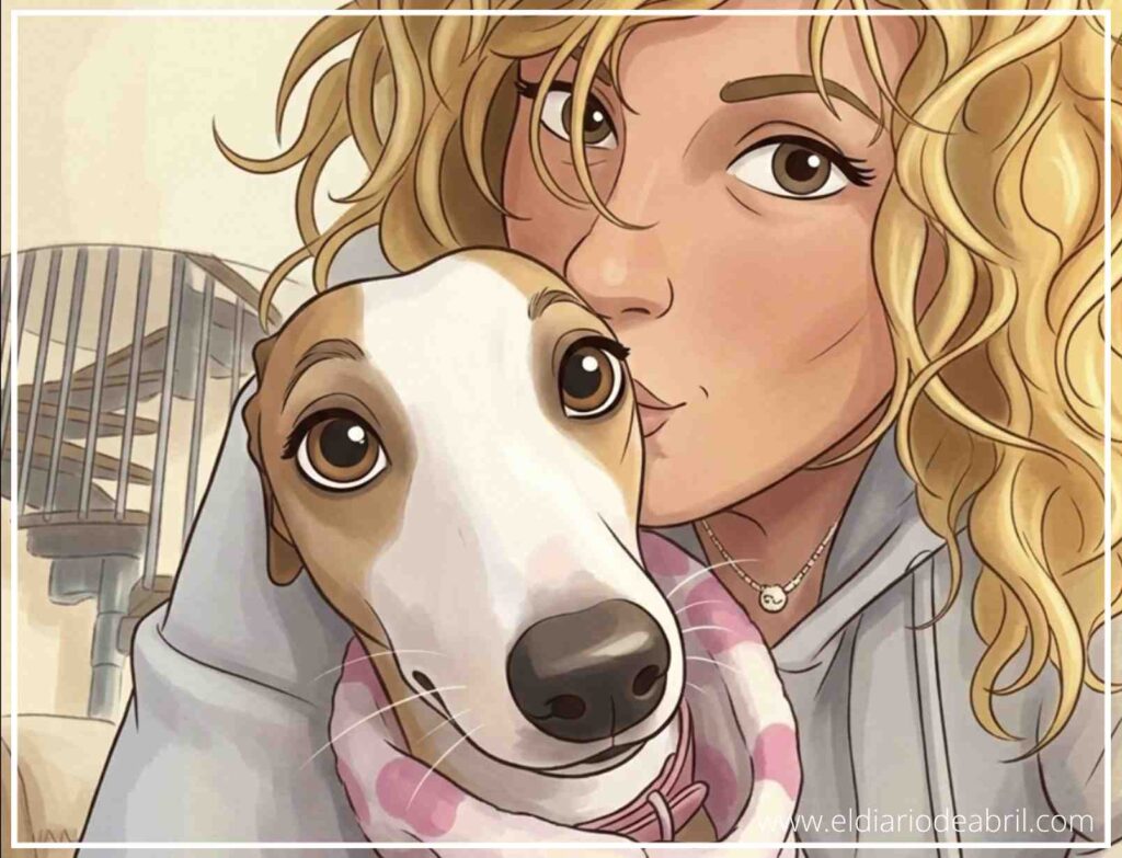 Selfie artístico de Irene sonriente junto a su Whippet Abril.