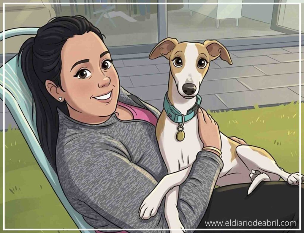 Momento de relajación de Ingrid sentada en una hamaca junto a su amiga Whippet Abril.