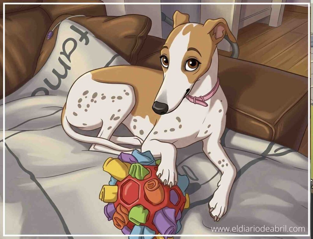 Perro Whippet Abril descansando en una cama con sus juguetes de colores.