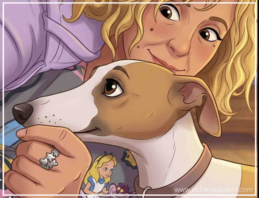 Retrato ilustrado de perfil de Irene junto a su fiel compañera de raza Whippet, Abril.