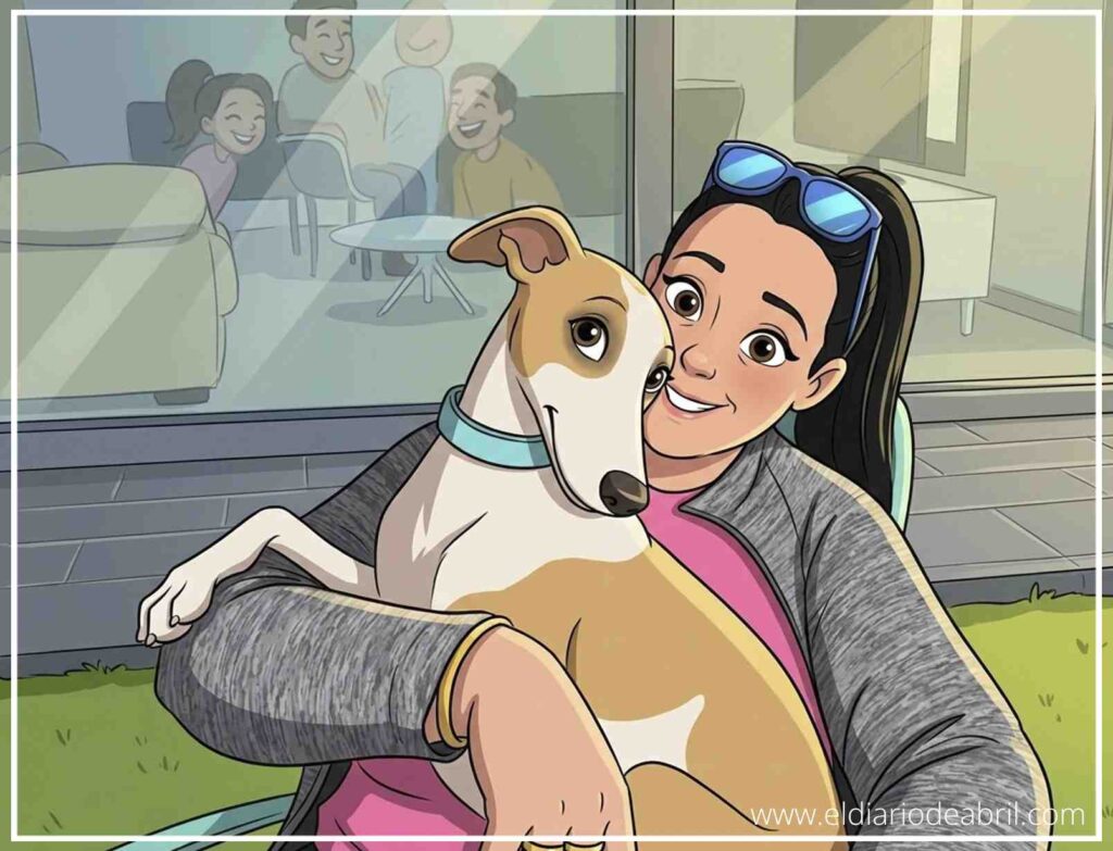 Primer plano de Ingrid abrazando con afecto a su perro Whippet Abril en el salón.